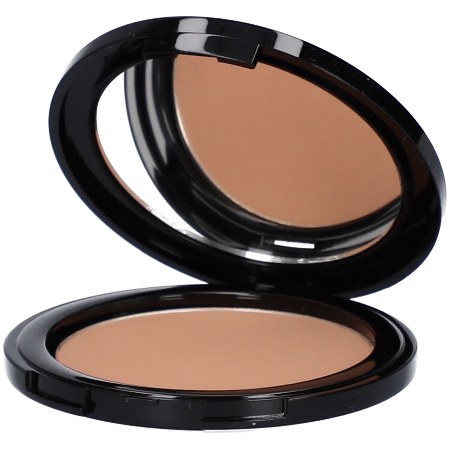 Palette de poudre bronzante compacte et ronde avec miroir. Cadre noir, poudre brun clair.
