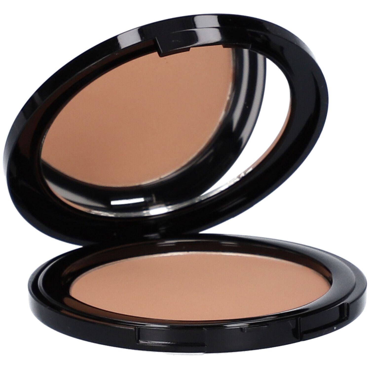 Palette de poudre bronzante compacte et ronde avec miroir. Cadre noir, poudre brun clair.