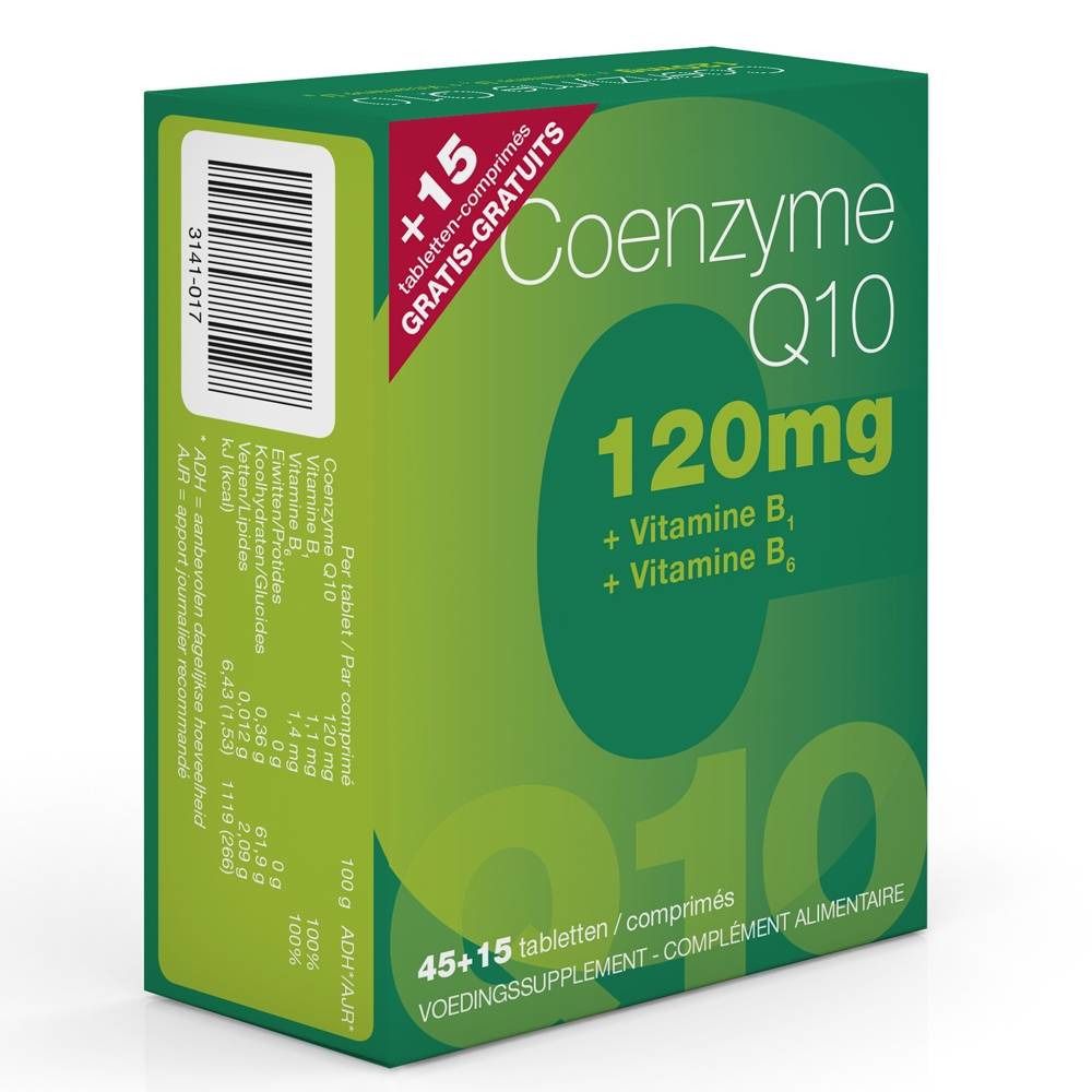 Groene doos met "Coenzyme Q10 120mg + Vitamine B1 + B6". Bevat 45+15 tabletten. Met barcode en tekst.