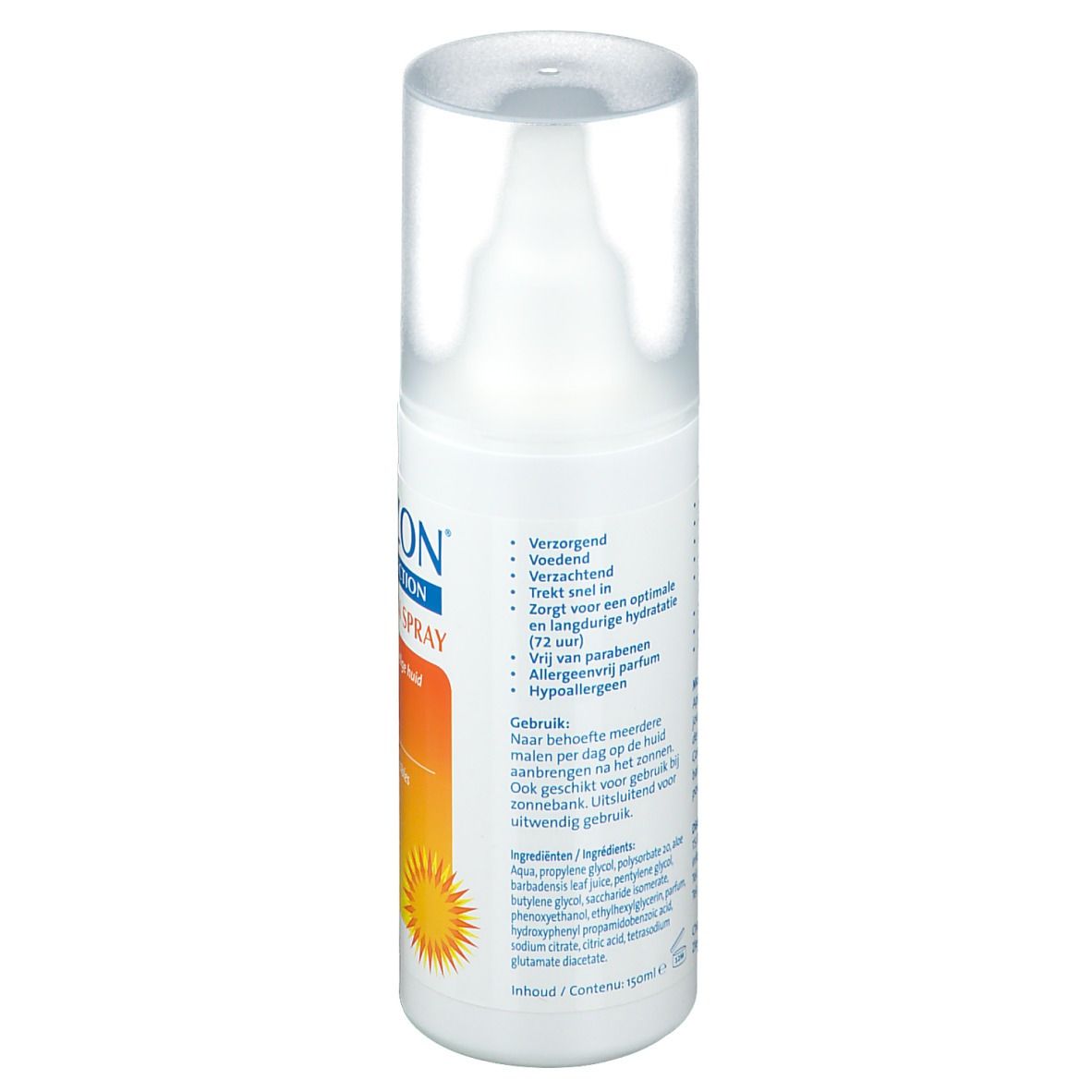 Utrizon After Sun Spray. Achterkant van de witte fles met tekst. Transparante verstuiver. Ingrediënten en gebruiksaanwijzing.