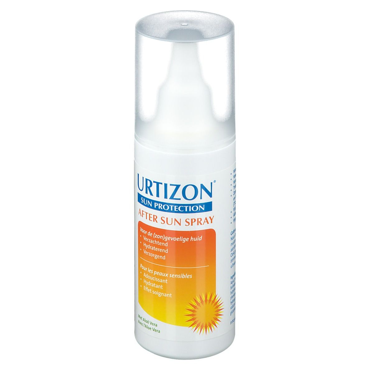 Utrizon After Sun Spray. Witte fles met verstuiver. Oranje etiket met tekst. Transparante dop. Zonne-motief.