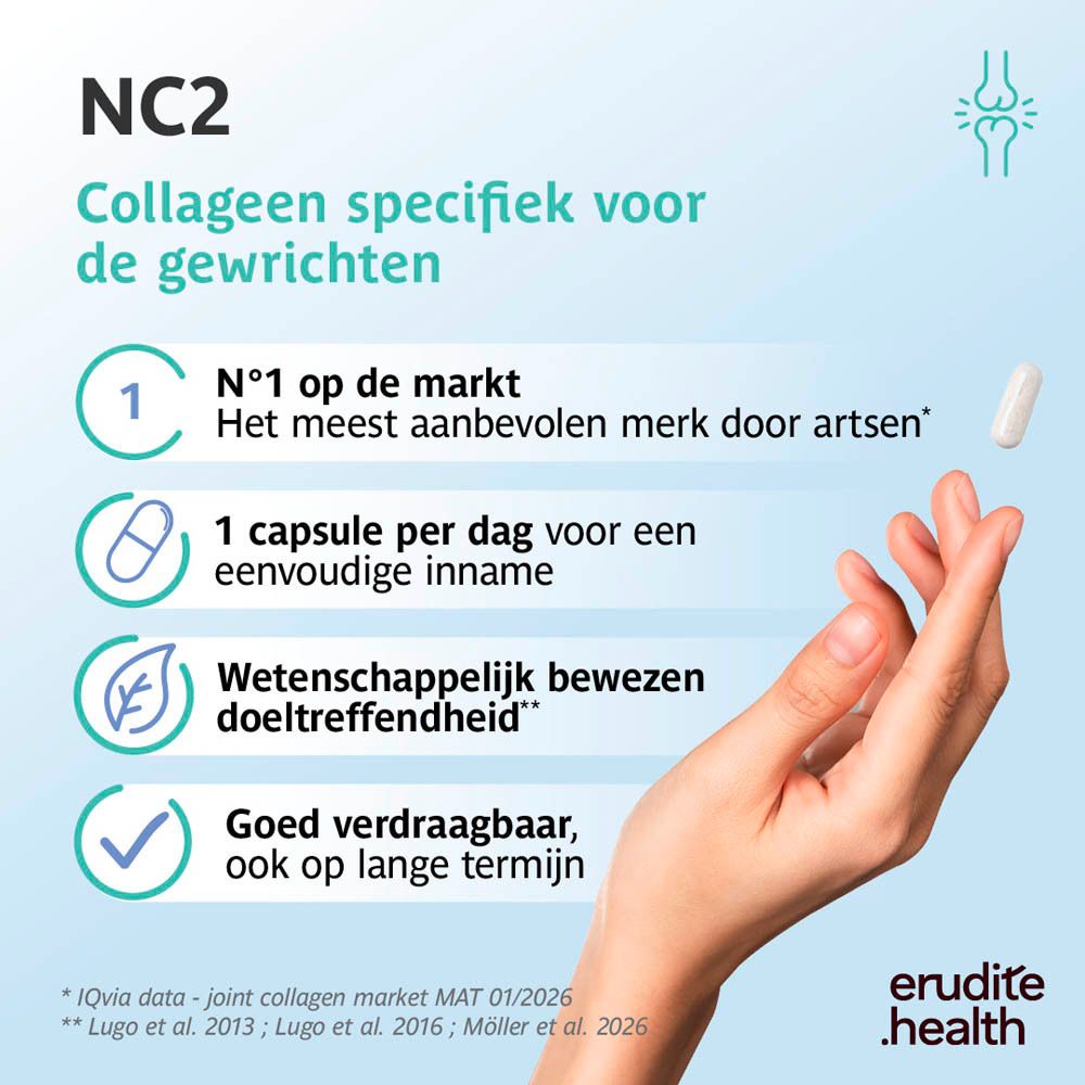 NC2 Kraakbeen capsules verpakking met 90 stuks, Natief collageen II, Vitamine C.