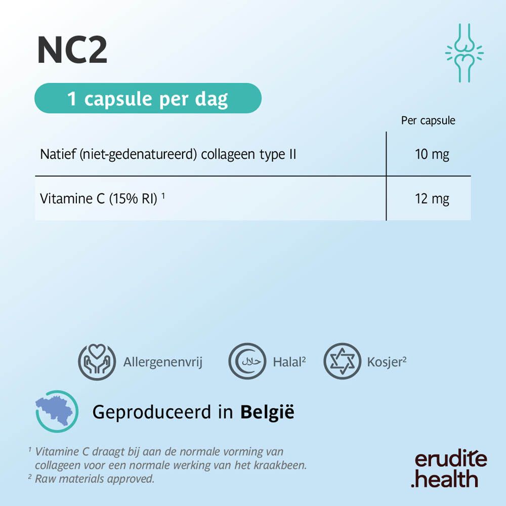 NC2 Kraakbeen capsules verpakking met 90 stuks, Natief collageen II, Vitamine C.