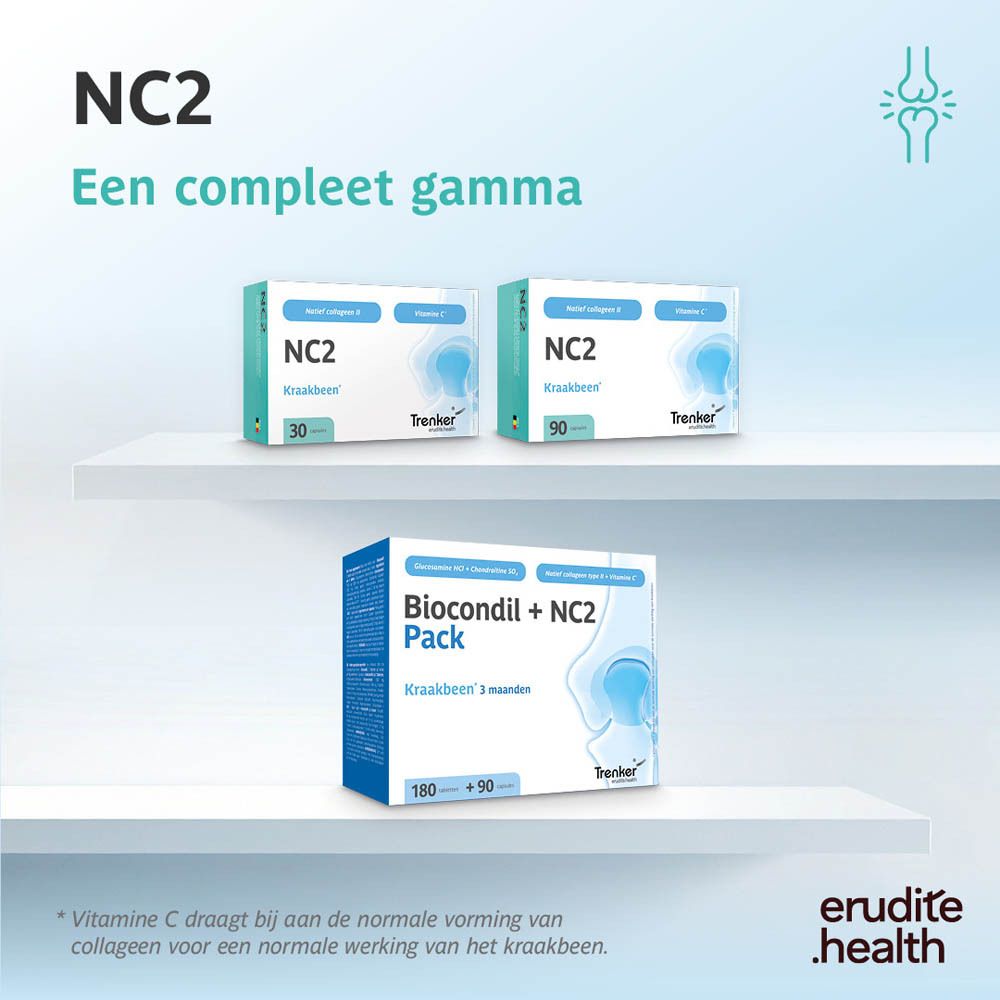 NC2 Kraakbeen capsules verpakking met 90 stuks, Natief collageen II, Vitamine C.