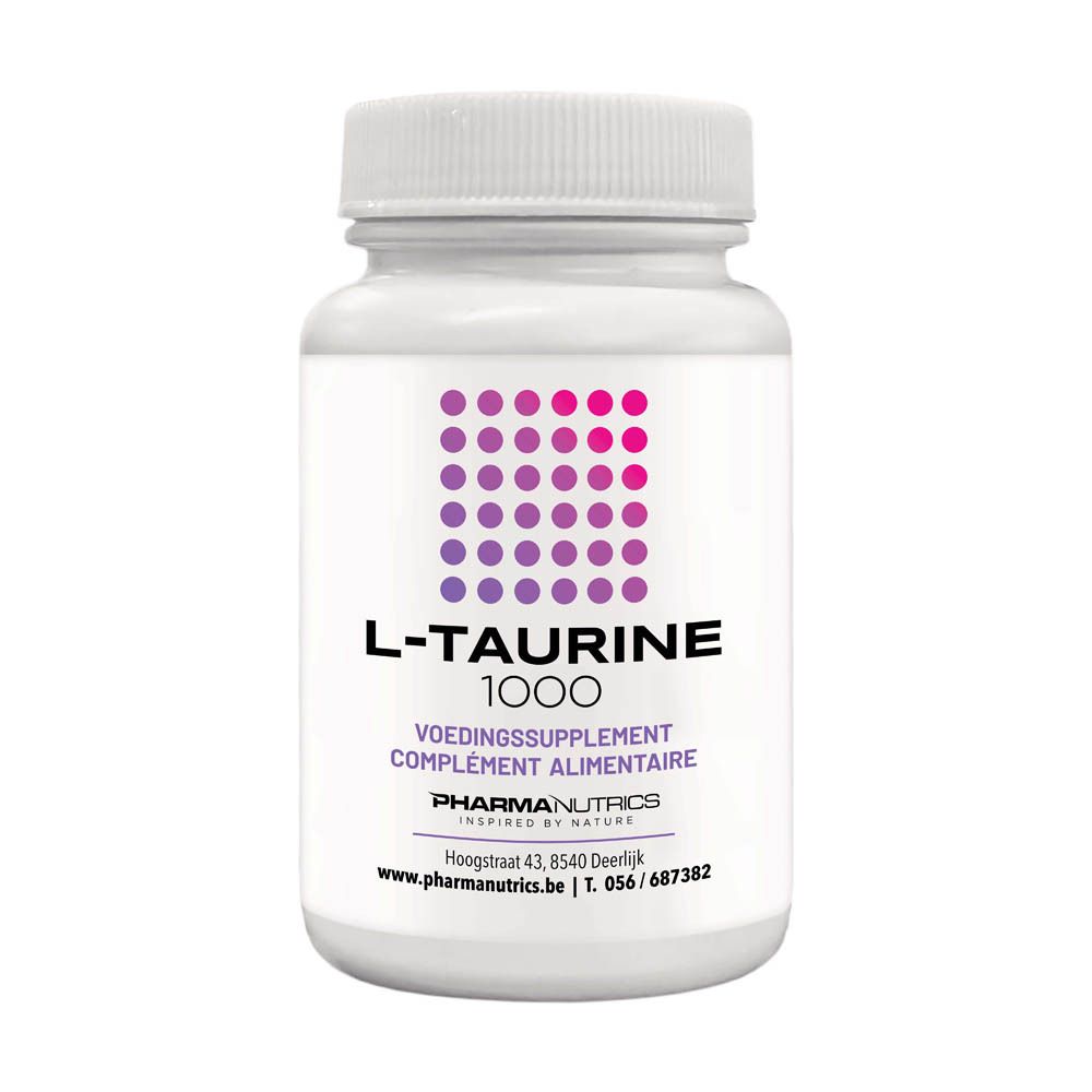 Flacon blanc avec L-Taurine 1000 mg. Points violets et roses. Texte: PHARMA NUTRICS, Voedingssupplement, Complément alimentaire.