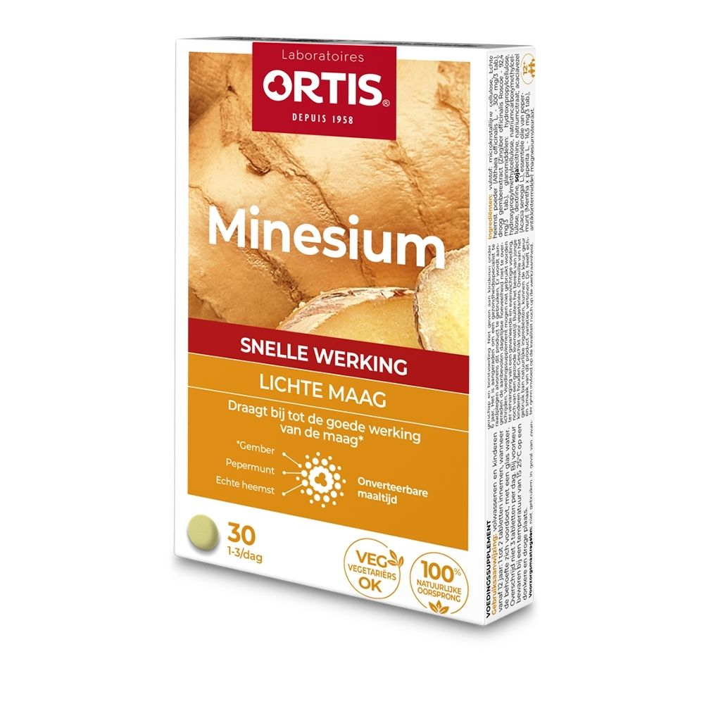 Ortis Minesium verpakking met 30 tabletten, met gemberafbeelding.