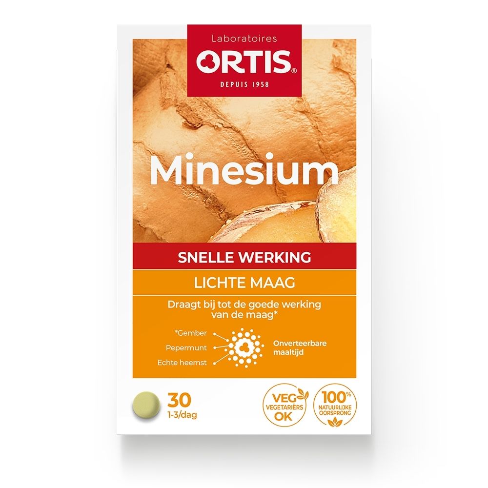Ortis Minesium verpakking met 30 tabletten, met gemberafbeelding.