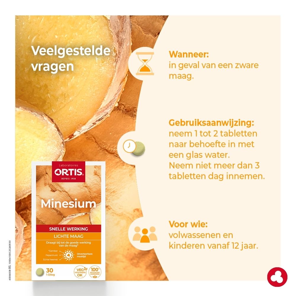 Ortis Minesium verpakking met 30 tabletten, met gemberafbeelding.
