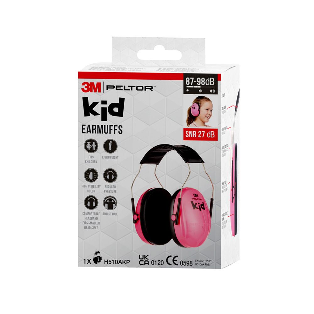 Casque antibruit rose fluo pour enfants. Emballage avec illustration et informations sur le produit.
