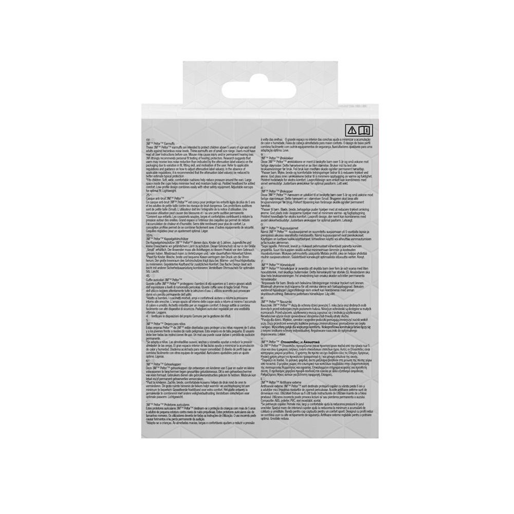 Dos de l'emballage. Texte multilingue. Casque antibruit pour enfants illustré.