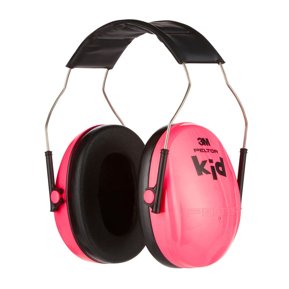 Casque antibruit rose fluo pour enfants. Bandeau et coques noirs. Marque et modèle visibles.