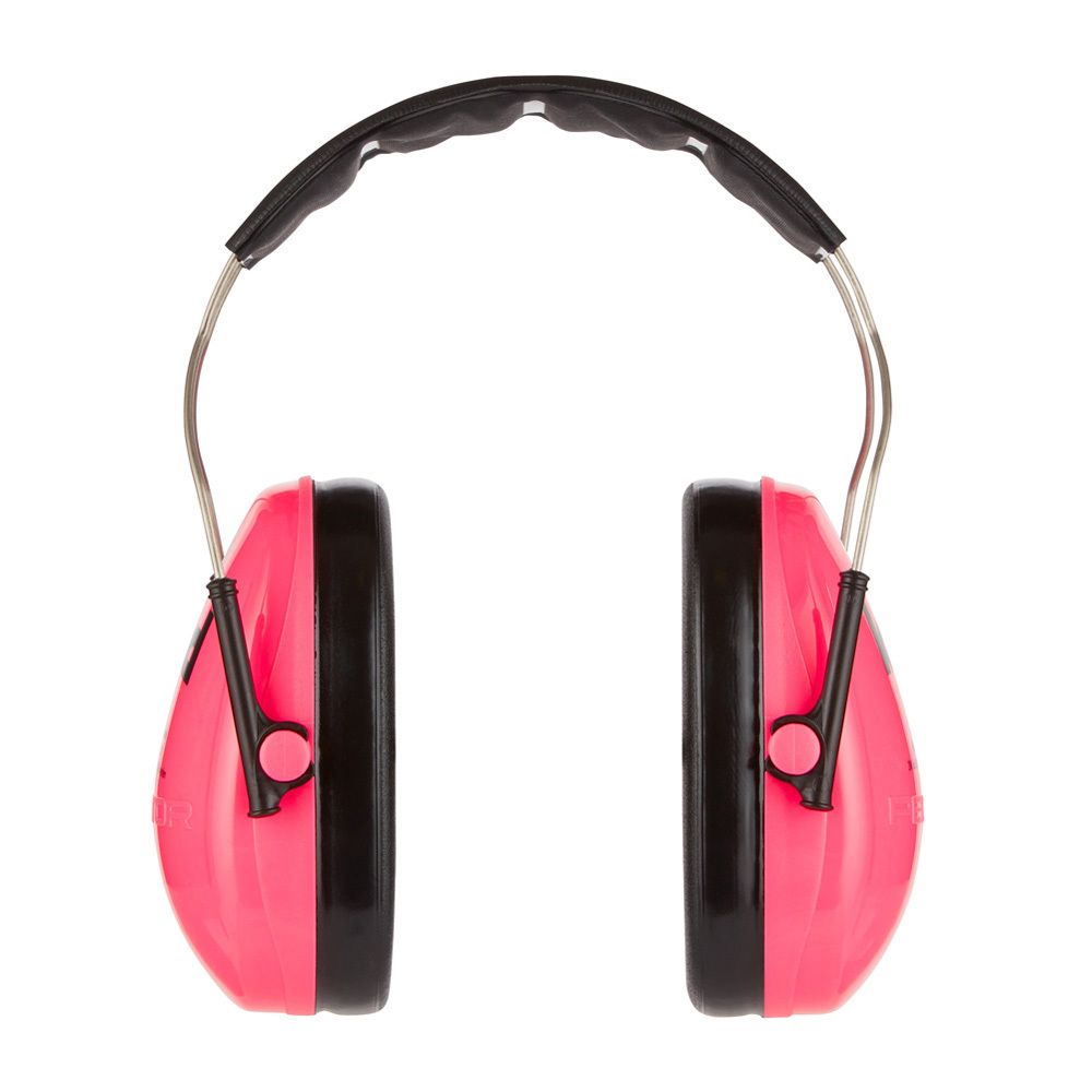 Casque antibruit rose fluo pour enfants. Bandeau et coques noirs. Marque et modèle visibles.