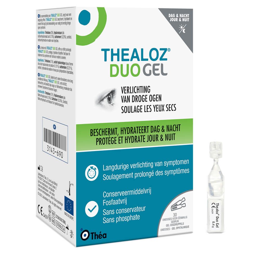 Thealoz Duo Gel verpakking met een ampul. Witte doos met groene en blauwe accenten. 30 ampullen.