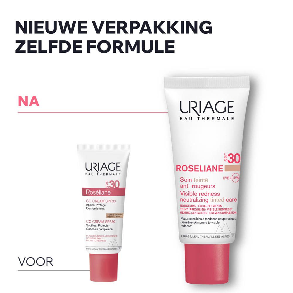 Uriage Roséliane CC Cream SPF30. Productnaam, SPF30 en tekst. 97% egale huidtint.