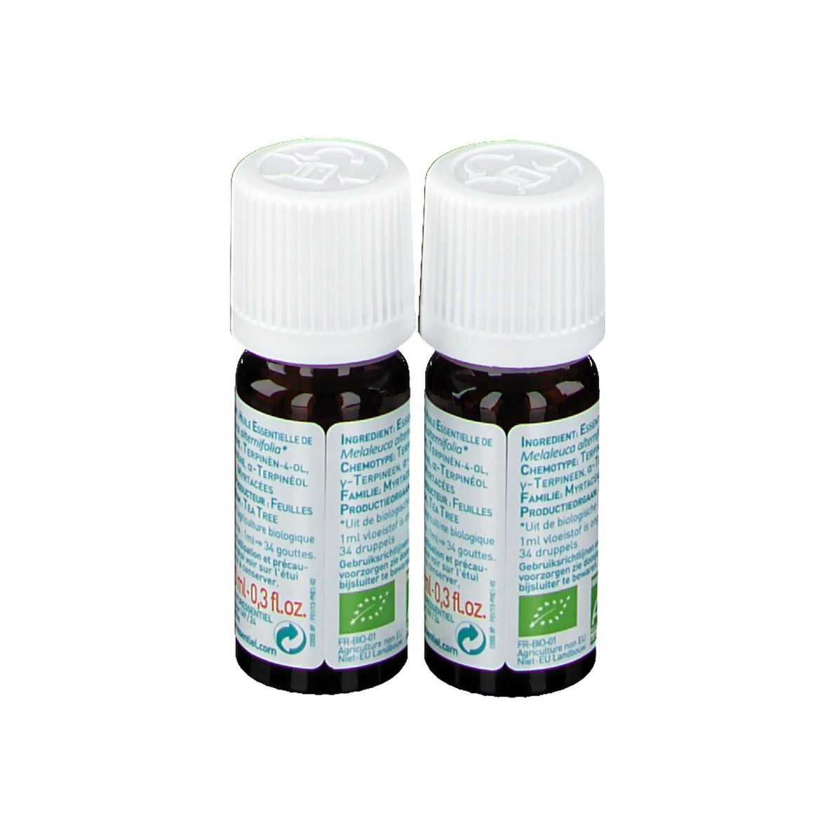 Deux flacons avec bouchon blanc. Inscription: Ingrédients, certification Bio, 0,3 fl.oz.