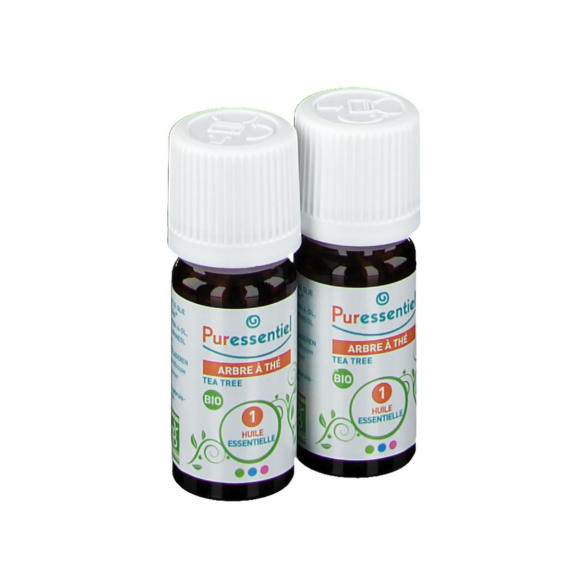 Deux flacons avec bouchon blanc. Inscription: Puressentiel, Arbre à thé, Bio, Huile essentielle.
