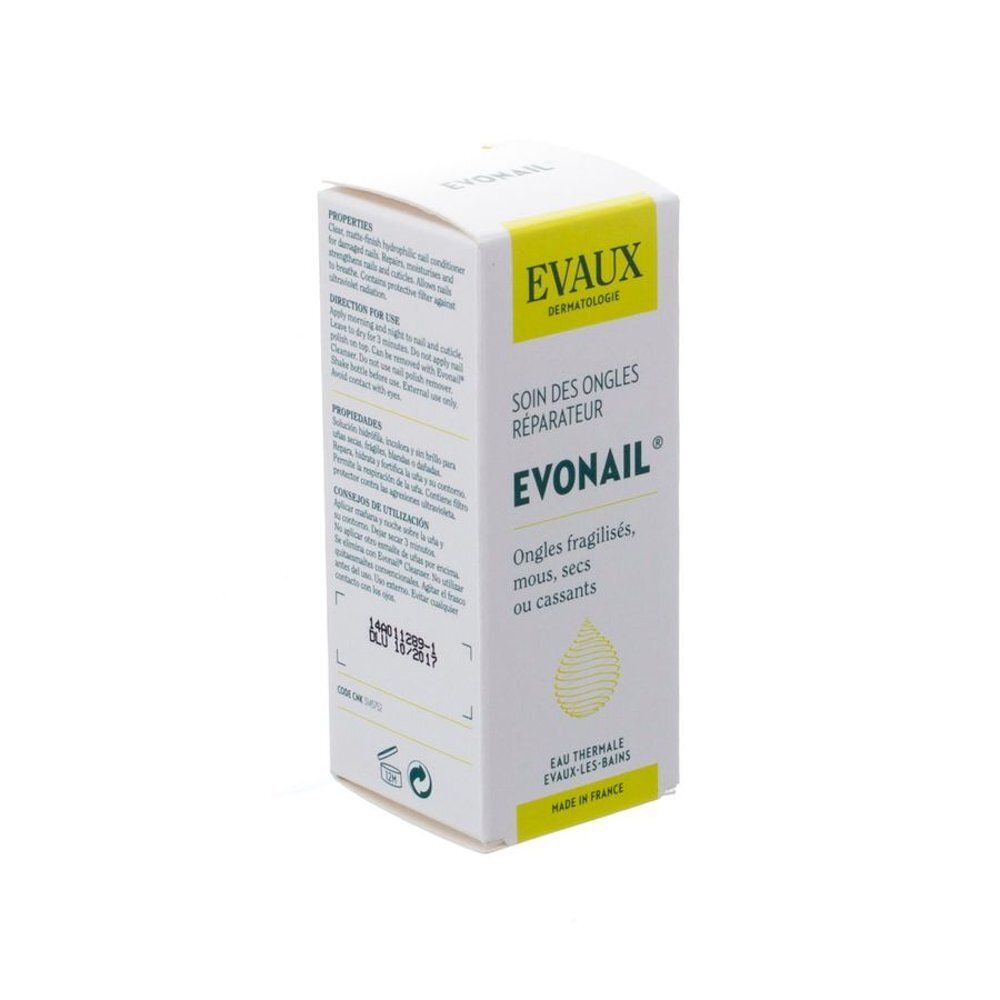 Boîte en carton avec informations produit. Inscription: Evonail, soin des ongles réparateur. Contient de l'eau d'Evaux-les-Bains.