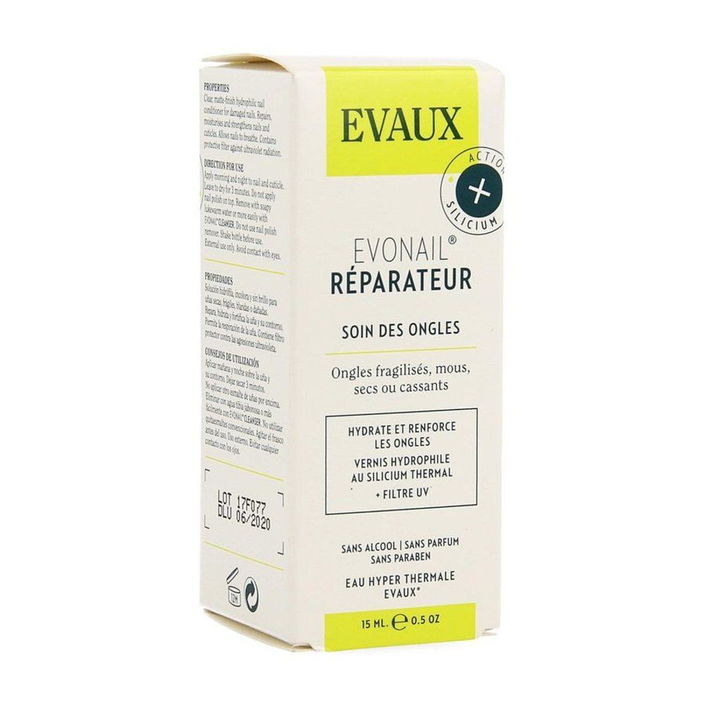 Boîte en carton avec informations produit. Inscription: Evonail Réparateur, soin des ongles. Contient silicium thermal et filtre UV.