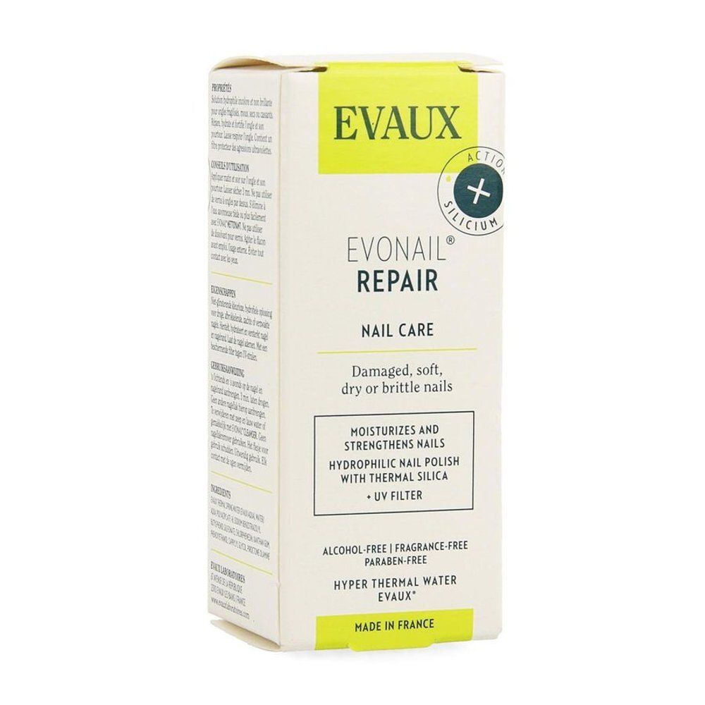 Kartonnen verpakking met productinformatie. Opschrift: Evonail Repair, nail care. Voor beschadigde nagels. Bevat UV-filter.