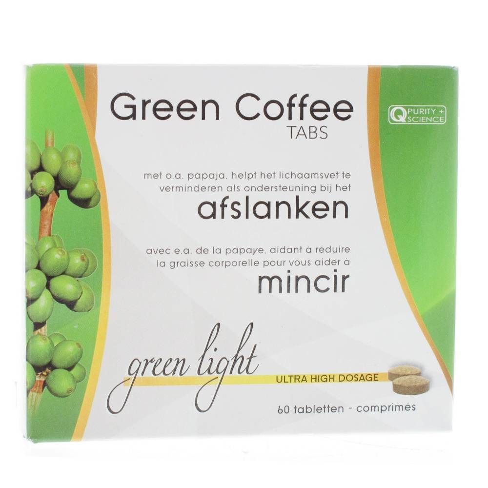 Doos met "Green Coffee Tabs". Opschriften in het Nederlands en Frans. 60 tabletten. Groen en wit.