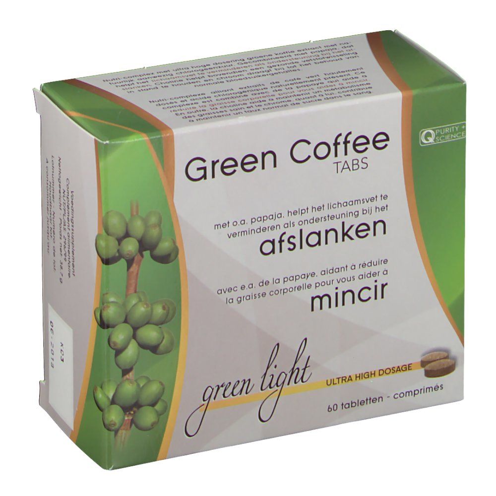 Doos "Green Coffee Tabs". Opschriften in het Nederlands en Frans. 60 tabletten. Groen en wit.