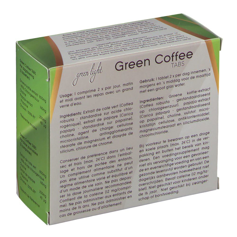 Doos "Green Coffee Tabs". Gebruiksaanwijzing in het Nederlands. Groen en wit. 60 tabletten.