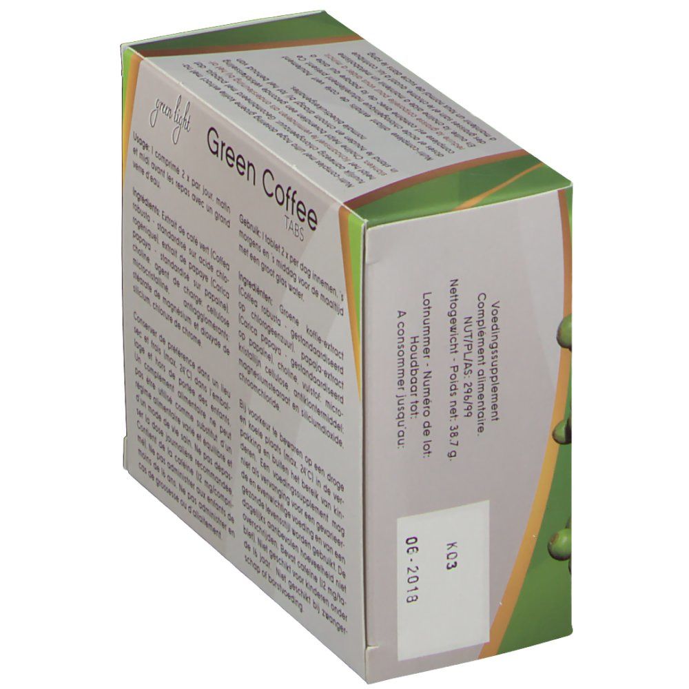 Doos "Green Coffee Tabs". Achterkant met ingrediënten en lotnummer. Groen en wit.