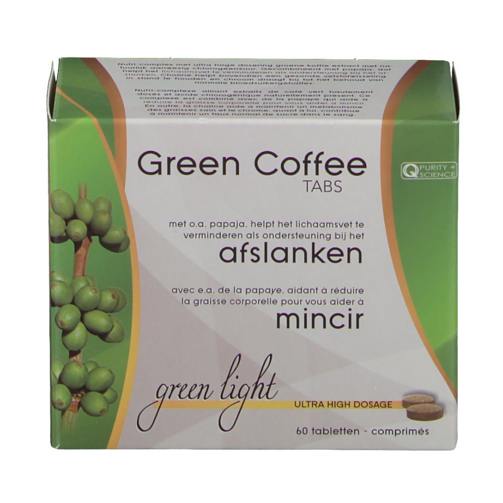 Doos met "Green Coffee Tabs". Opschriften in het Nederlands en Frans. 60 tabletten. Groen en wit.