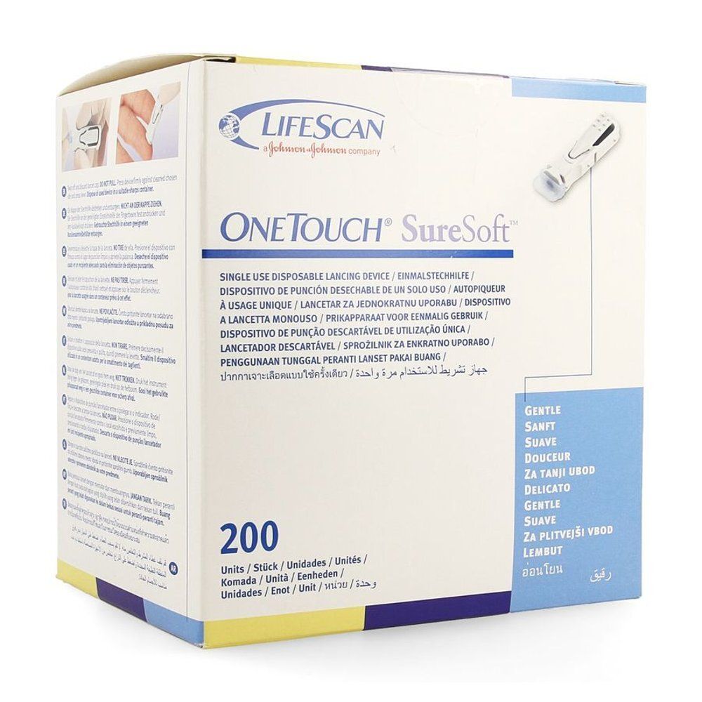 Boîte OneTouch SureSoft. Contient 200 unités. Texte multilingue. Logo Lifescan.