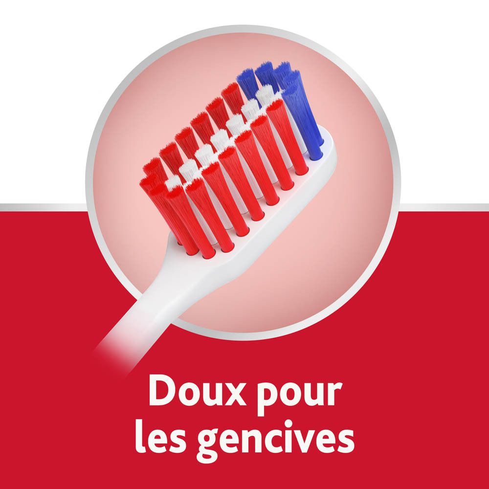 Gros plan des poils d'une brosse à dents. Soies rouges et bleues. Texte : Doux pour les gencives.