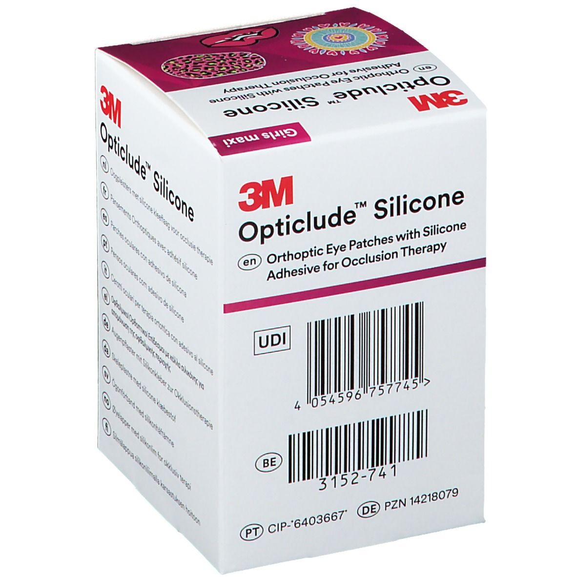Boîte 3M Opticlude Silicone. Contient 50 patchs oculaires, 5,7 x 8 cm. Impression: MD CE, UDI.