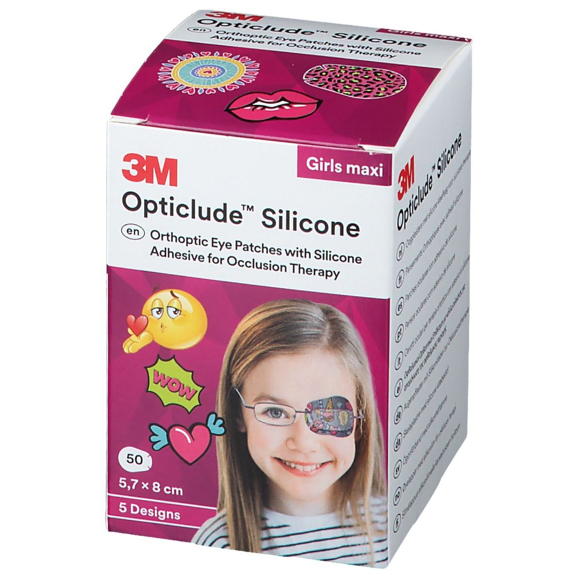 Boîte 3M Opticlude Silicone. Contient 50 patchs oculaires, 5,7 x 8 cm. Motif fille. Impression: MD CE.