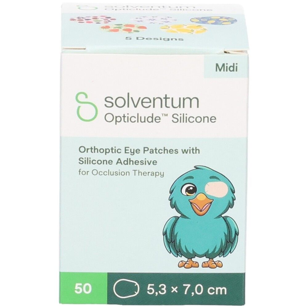 Boîte de 50 patchs oculaires orthoptiques Solvntum Opticlude Silicone, Midi, 5,3 x 7,0 cm.