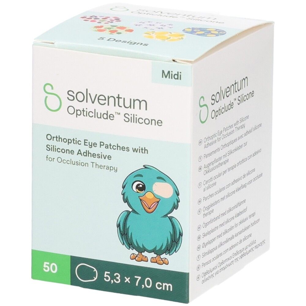 Doos met 50 Solvendum Opticlude Silicone oogpleisters, 5,3 x 7,0 cm, voor occlusietherapie.