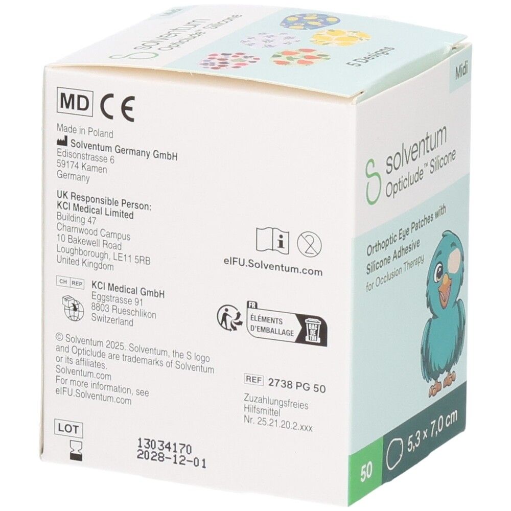 Pansements oculaires orthoptiques Solventum Opticlude Silicone, 50 pièces, 5,3 x 7,0 cm.