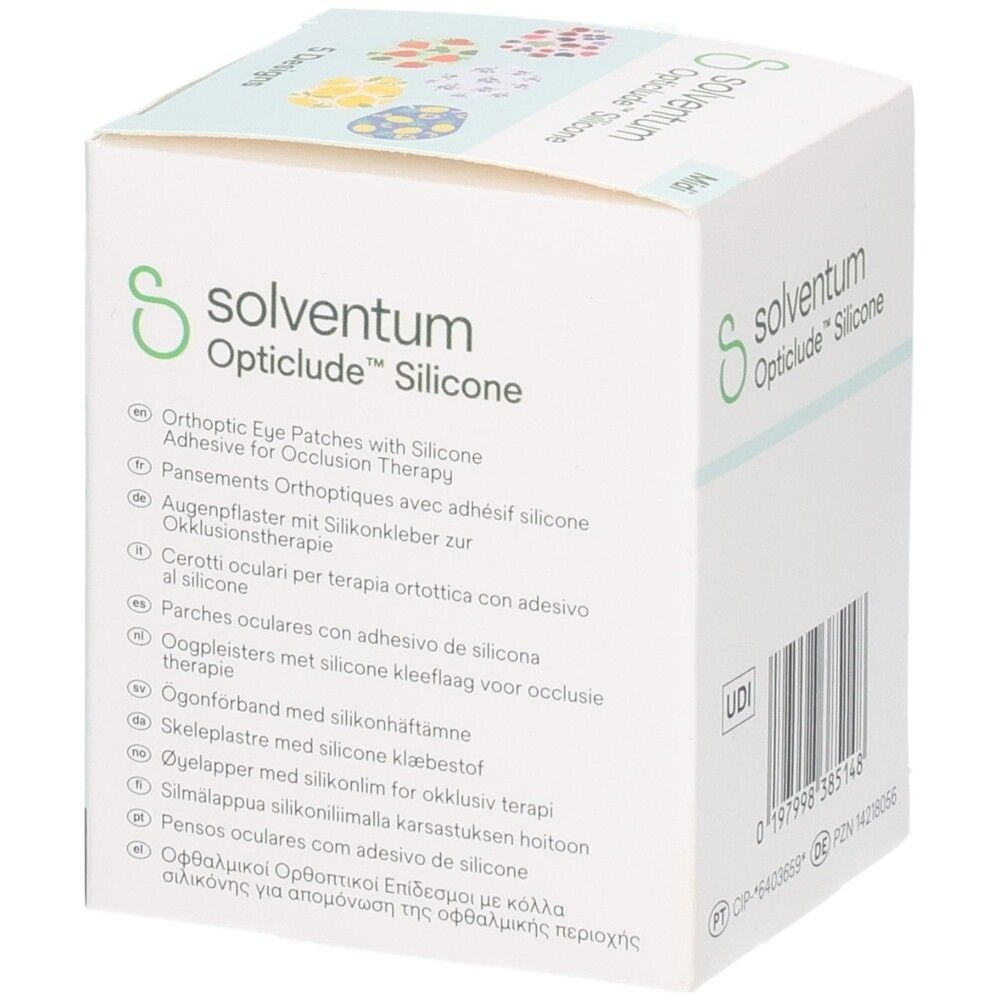 Boîte de 50 patchs oculaires Solvendum Opticlude Silicone, 5,3 x 7,0 cm, pour thérapie par occlusion.