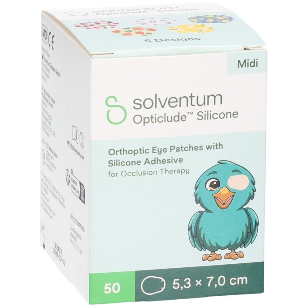Emballage de patchs oculaires Solventum Opticlude Silicone, 50 pièces, 5,3 x 7,0 cm.