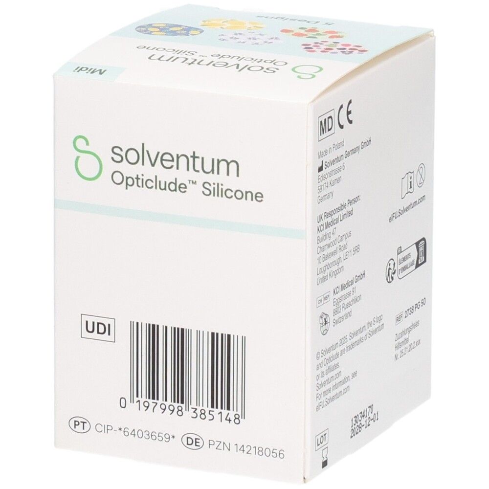 Emballage pour Solventum Opticlude Silicone Midi. Comprend les marquages CE et MD.