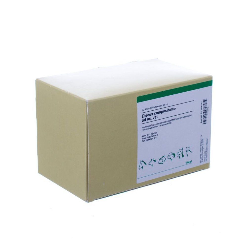 Kartonnen doos met etiket. Opschrift: Discus compositum ad us. vet. Groen-wit etiket met productinformatie en barcode.