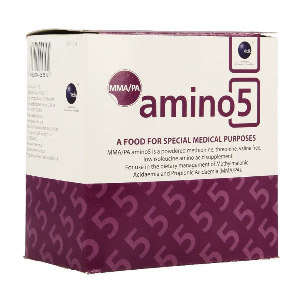 Boîte "amino5". Texte: "A FOOD FOR SPECIAL MEDICAL PURPOSES". Violet et blanc. Marque Vitaflo.