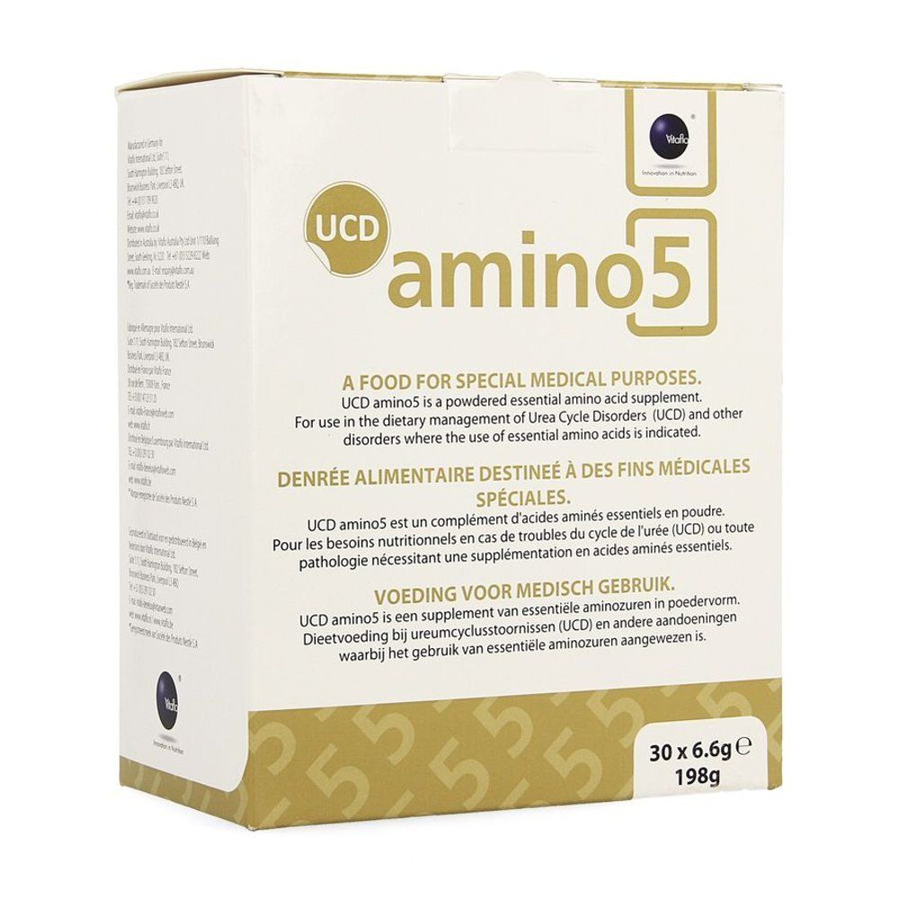 Doos Vitaflo UCD Amino5. Opschrift: UCD amino5, 30 x 6.6g, 198g. Tekst in het Engels, Frans en Nederlands.