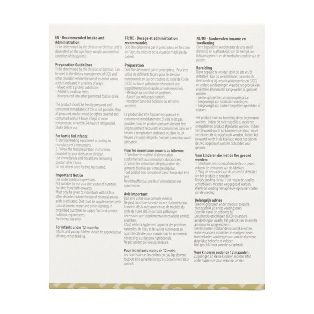 Dos de la boîte Vitaflo UCD Amino5. Texte en anglais, français et néerlandais. Informations sur l'utilisation.