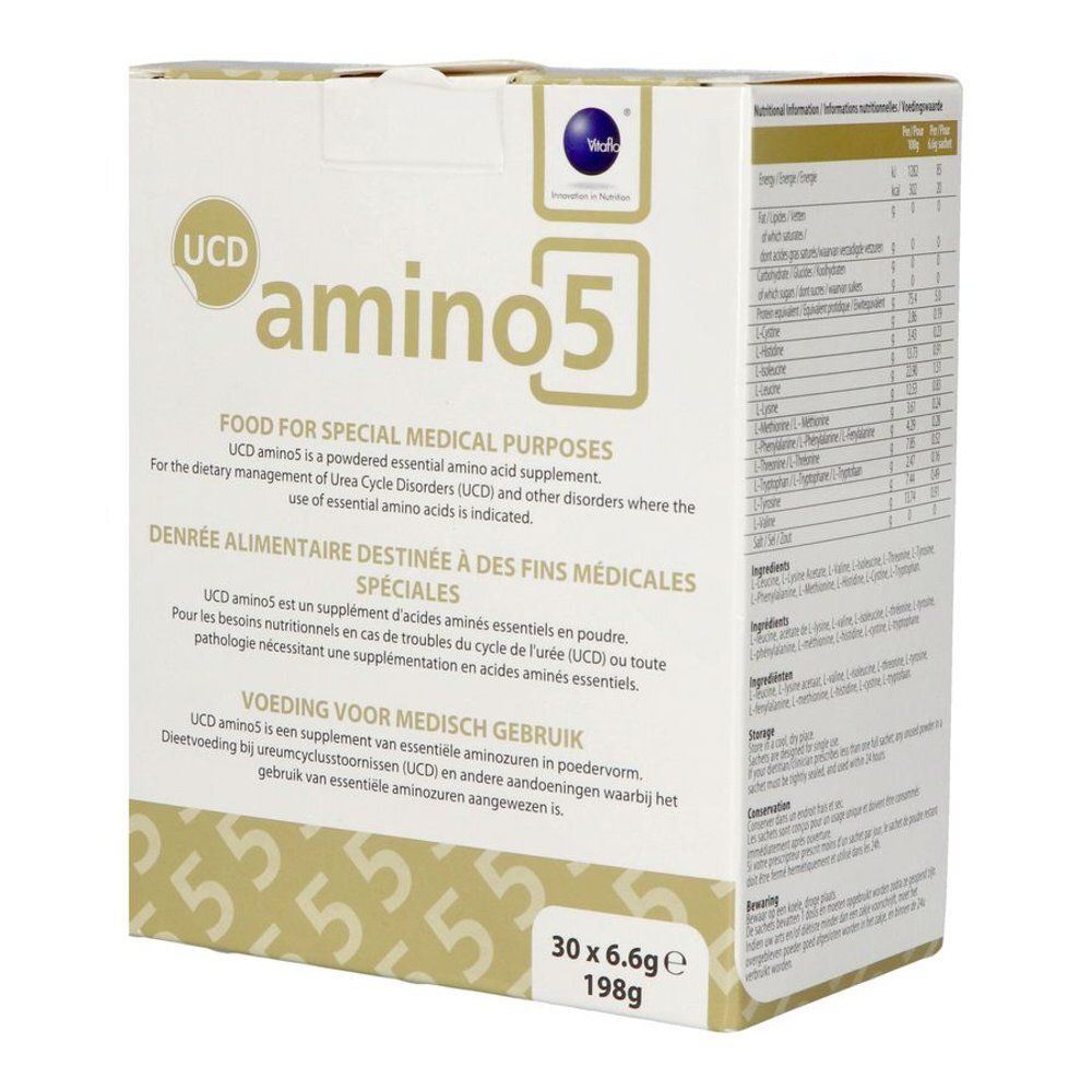 Boîte Vitaflo UCD Amino5. Inscription: UCD amino5, 30 x 6.6g, 198g. Texte en anglais, français et néerlandais.