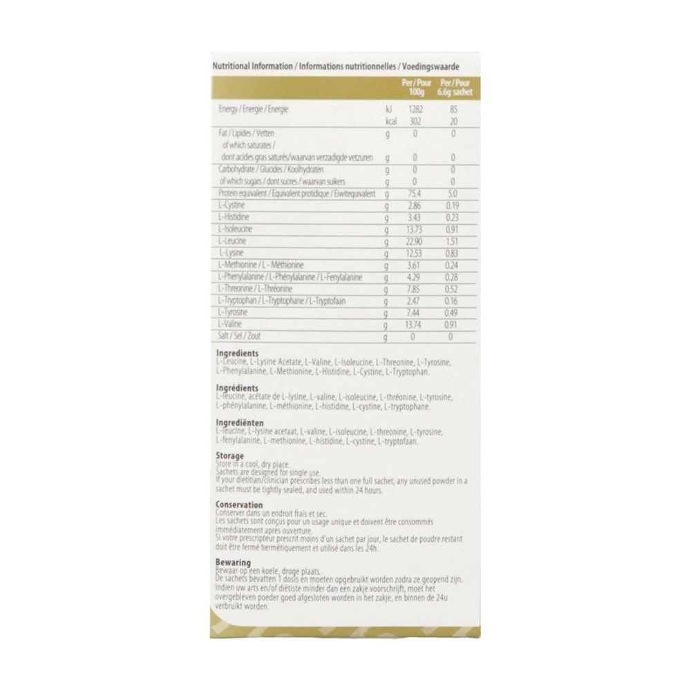 Côté de la boîte Vitaflo UCD Amino5. Informations nutritionnelles et liste des ingrédients. Texte en anglais, français et néerlandais.