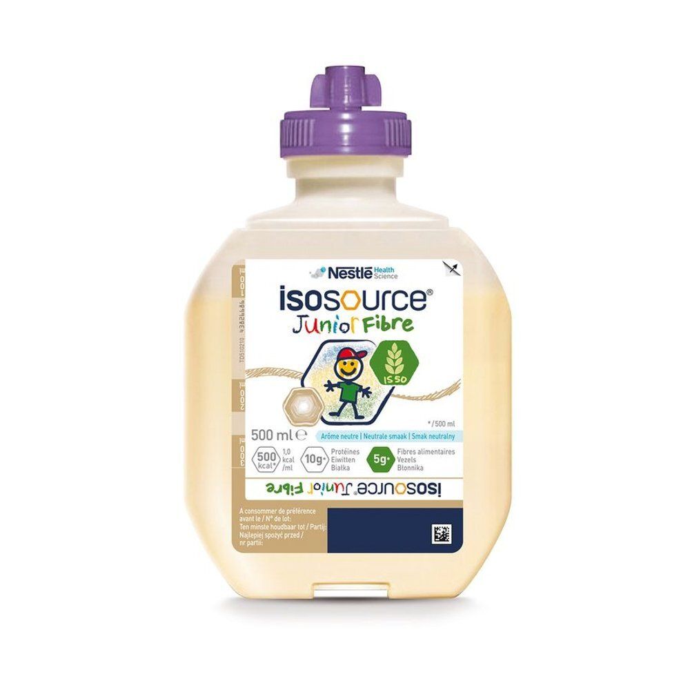 Alimentation Isosource Junior Fibre en bouteille de 500 ml avec bouchon violet.