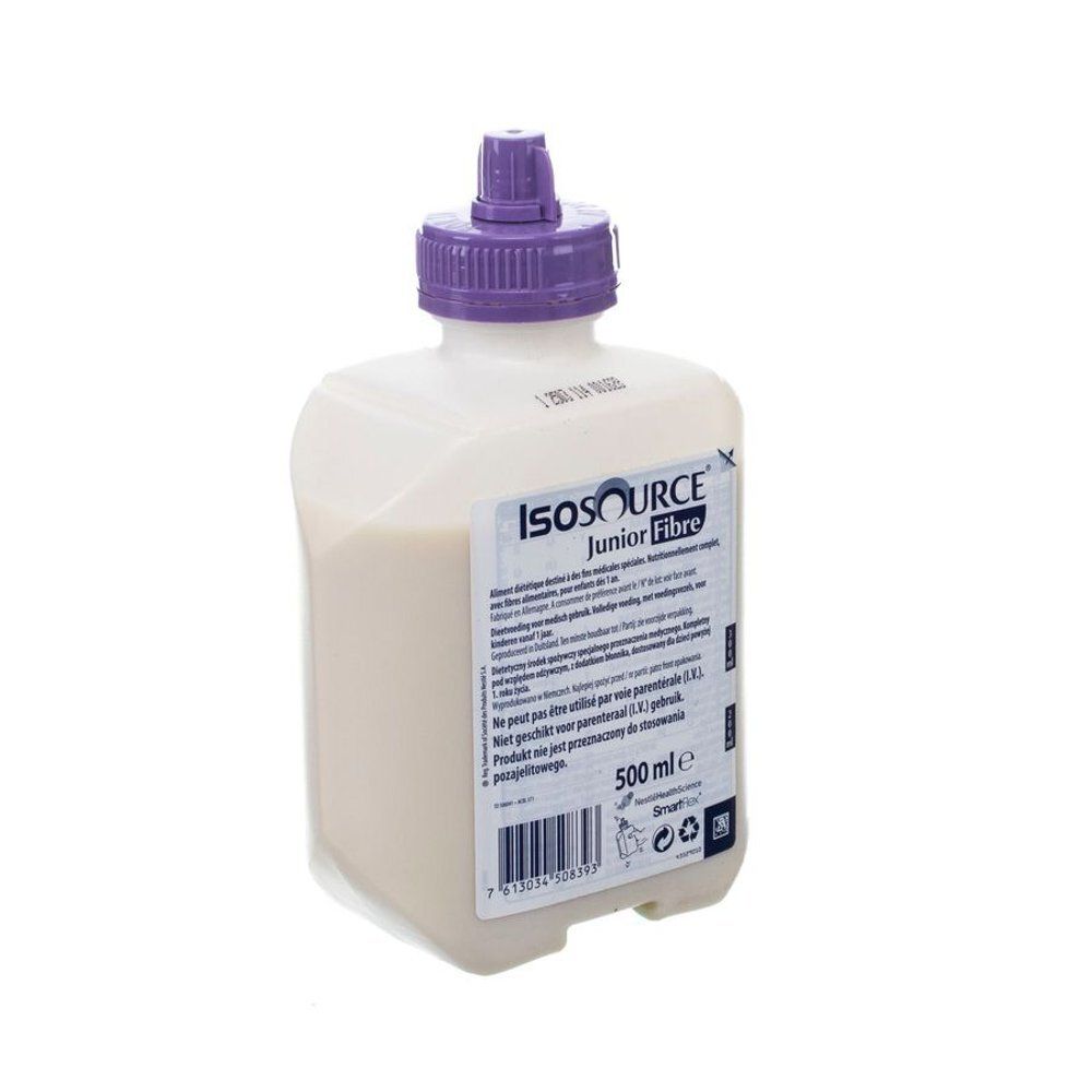 Vue latérale de l'alimentation Isosource Junior Fibre en bouteille de 500 ml.