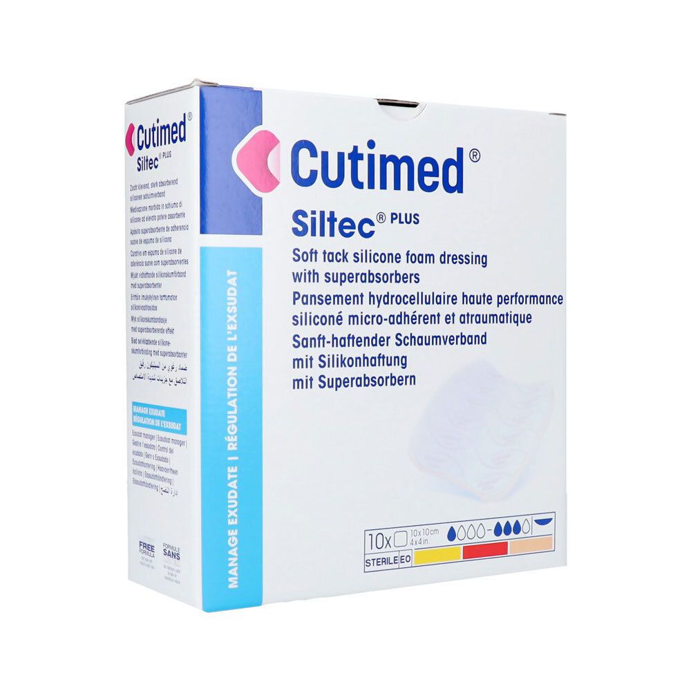 Pansement hydrocellulaire Cutimed Siltec Plus avec superabsorbeurs. 10x10 cm. Stérile.