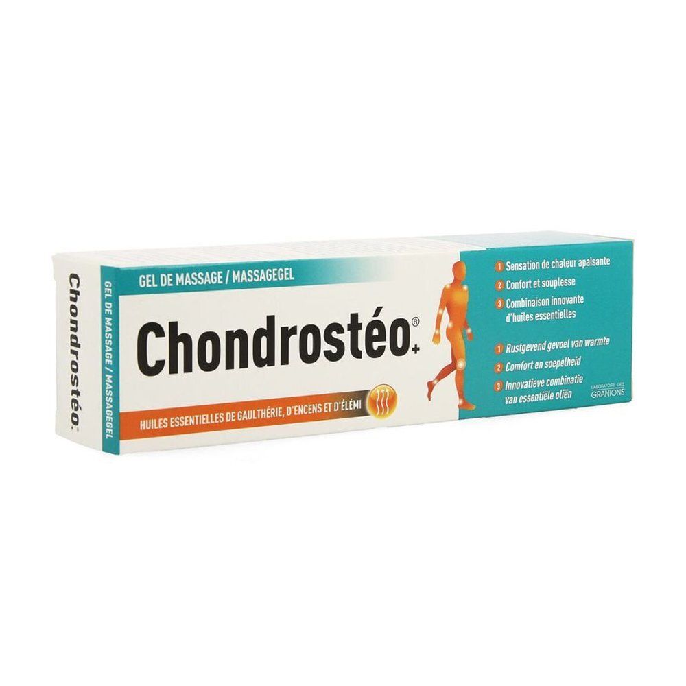 Doos Chondrostéo®+ Massagegel. Turquoise-wit ontwerp. Productnaam en logo zichtbaar. Illustratie.
