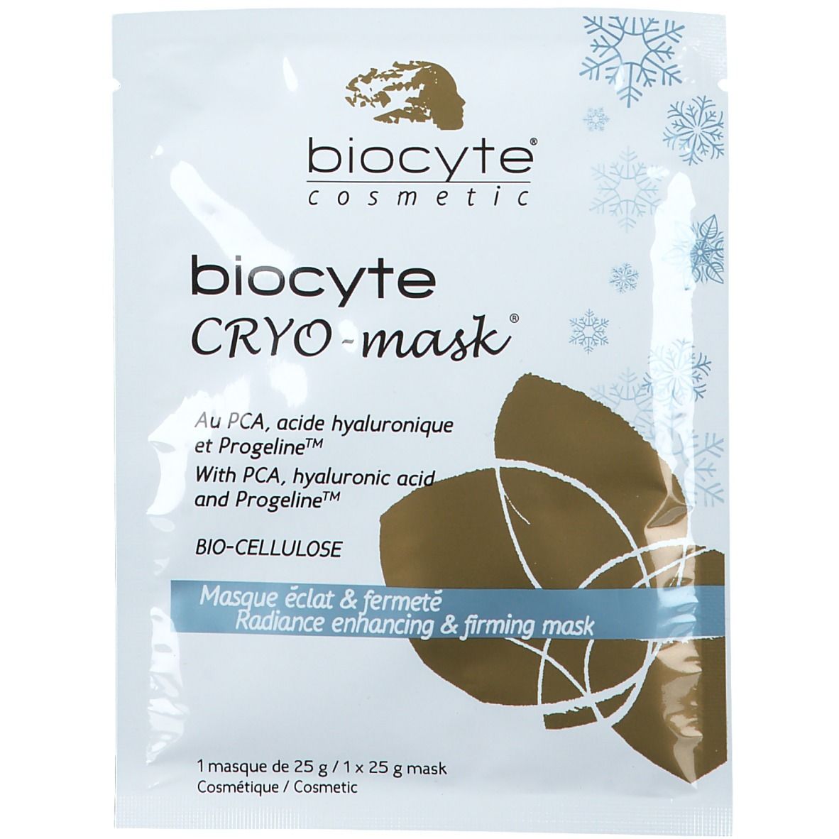 Sachet Biocyte Cryo-Maske®. Emballage blanc avec logo et texte. Contient 25g. Masque de soin pour le visage.