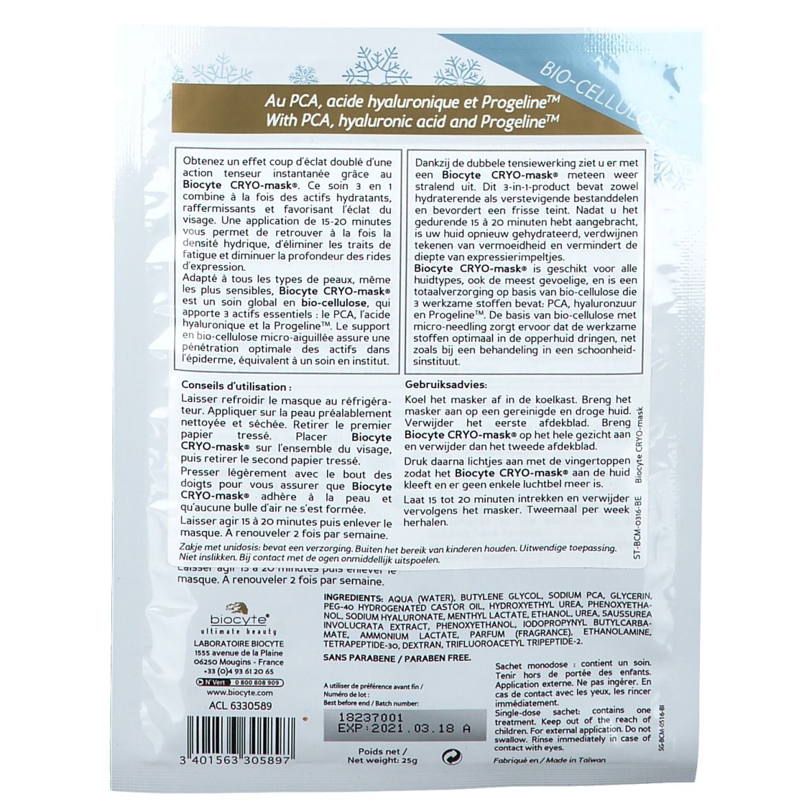 Dos du sachet Biocyte Cryo-Maske®. Texte multilingue. Ingrédients et instructions d'utilisation. Fabriqué en Taïwan.